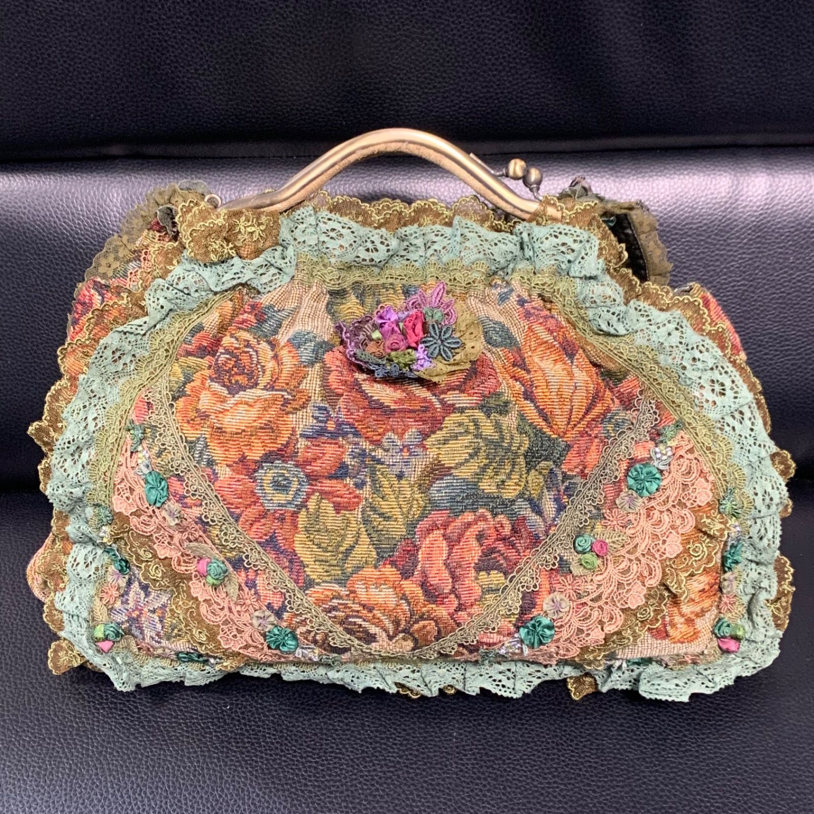 美品 chimaki 日本製 フリル レース 花 がま口 ショルダーバッグ
