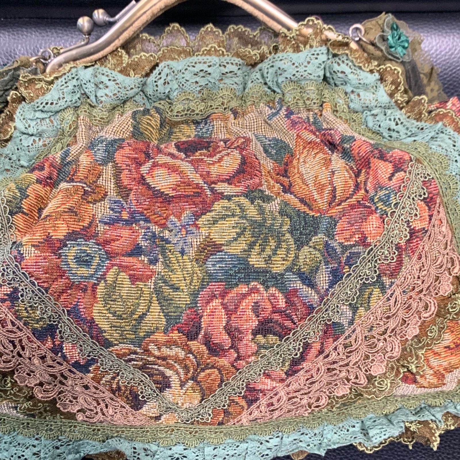 美品 chimaki 日本製 フリル レース 花 がま口 ショルダーバッグ
