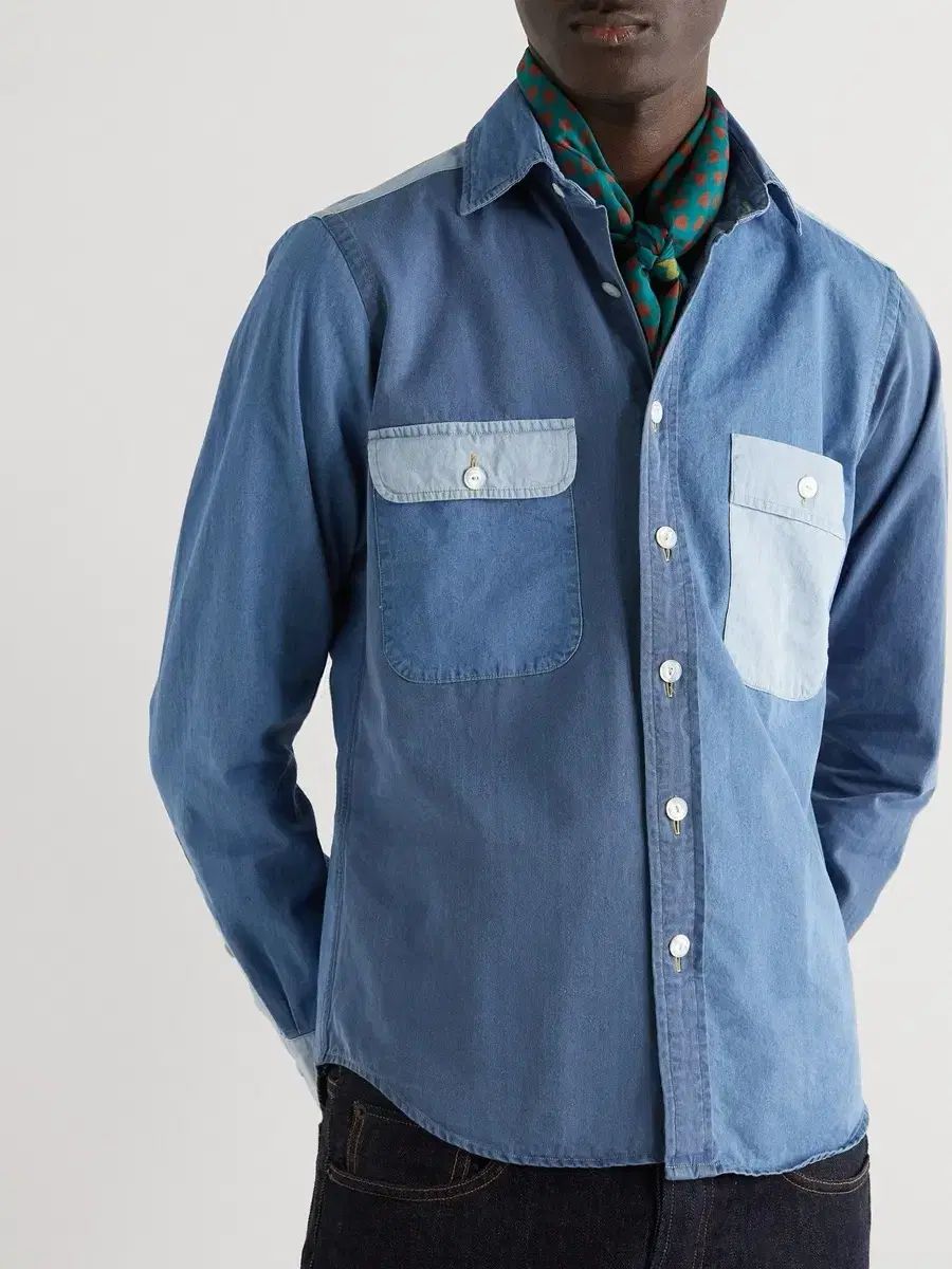 ドレイクス パッチワーク トゥー ポケット デニム ウォーク シャツ Sサイズ