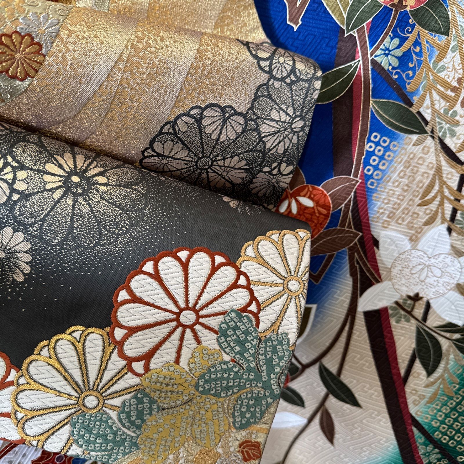 振袖フルセット(7点)・鹿の子絞り・古典柄・鴛鴦・枝梅・金銀彩・正絹 振袖フルセット(7点)・鹿の子絞り・古典柄・鴛鴦・枝梅・金銀彩・正絹 振袖