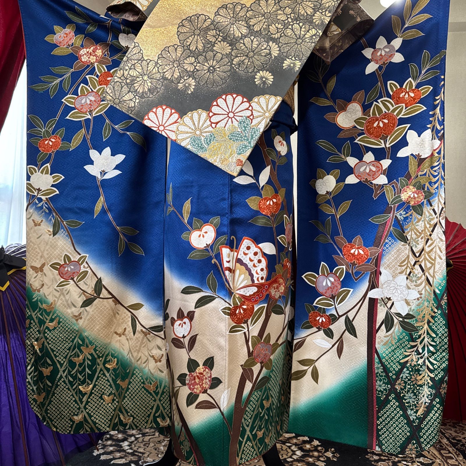 振袖フルセット(7点)・鹿の子絞り・古典柄・鴛鴦・枝梅・金銀彩・正絹 振袖フルセット(7点)・鹿の子絞り・古典柄・鴛鴦・枝梅・金銀彩・正絹 振袖