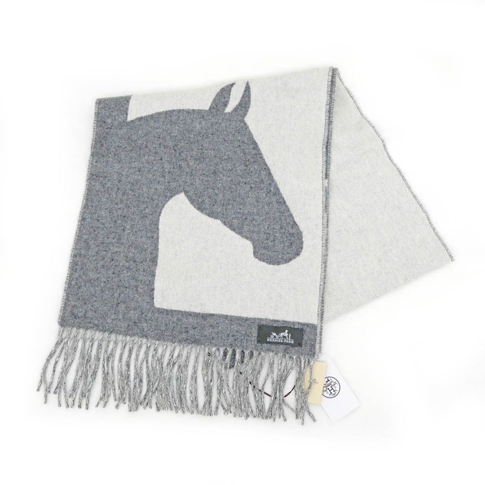 名東 エルメス マフラー ラブストーリー グレー ホワイト 白 カシミヤ ストール フリンジ メンズ 男