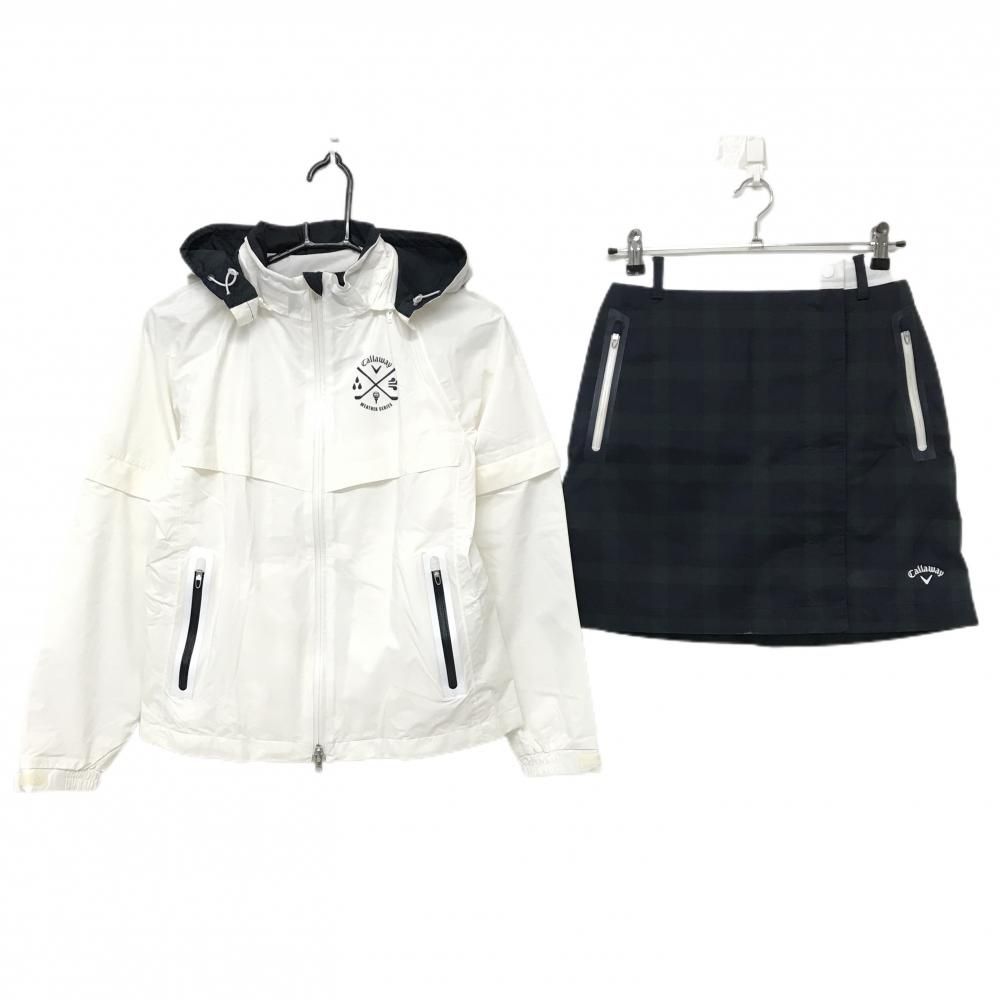 キャロウェイ レインウェア 2 WAYジャケット×スカート 白×ネイビー スカートチェック 裏地メッシュ レディース S ゴルフウェア Callaway
