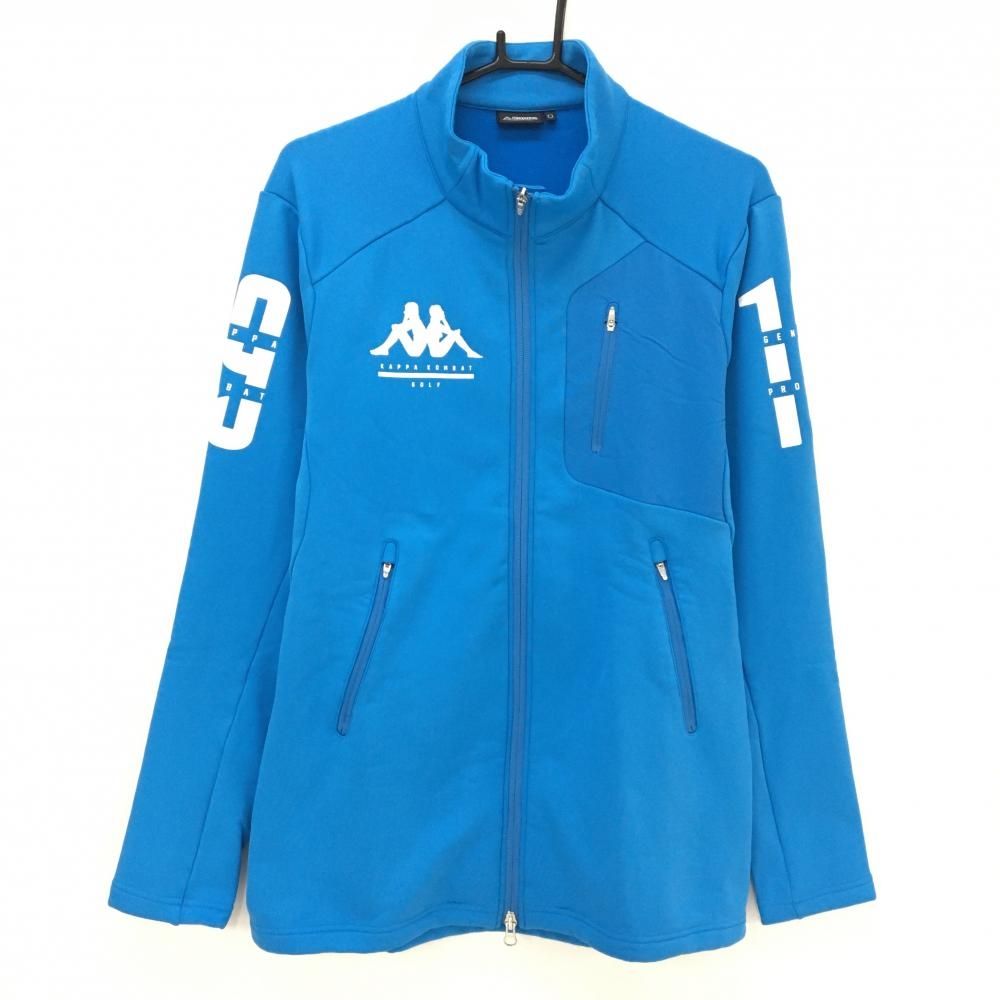 美品】カッパ ジャケット ブルー×白 ダブルジップ ロゴ 裾ドローコード