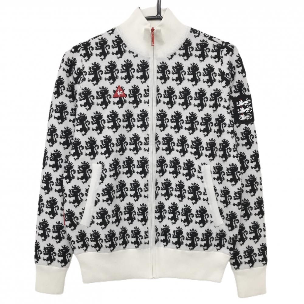 美品】ルコックゴルフ ニットジャケット 白×黒 総柄 ウール混 裏地付き