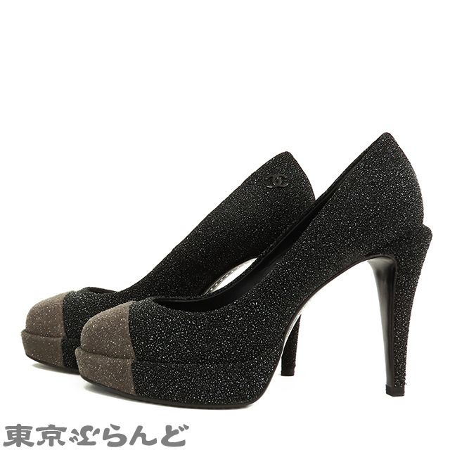 シャネル CHANEL ココマーク パンプス G 27920 ブラックxグレー レザー スウェード ピンヒール ラウンドトゥ グリッター 35 1 2 C