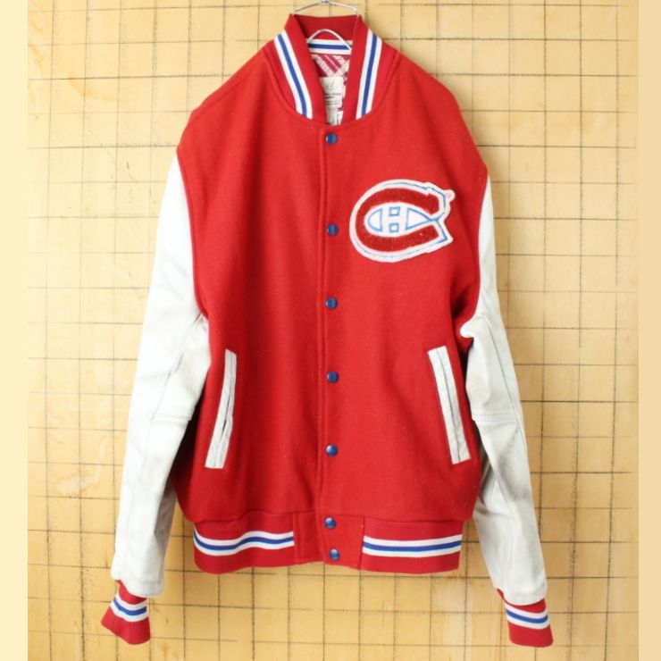 90 s CANADA製 NHL HOCKEY JACKETS 袖レザー ウールスタジャン レッド メンズXL スタジアムジャケット アメリカ古着 092425 aw 38