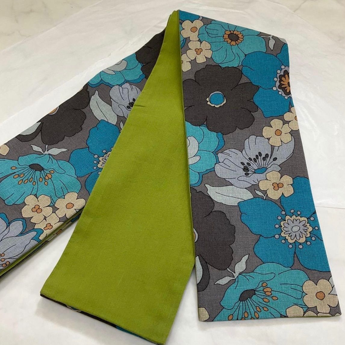 ●kimono one●kimonoarisa● ●お洒落な半幅帯●綿麻●長尺●リバーシブル●半幅帯半巾帯小袋帯●407.5㎝●