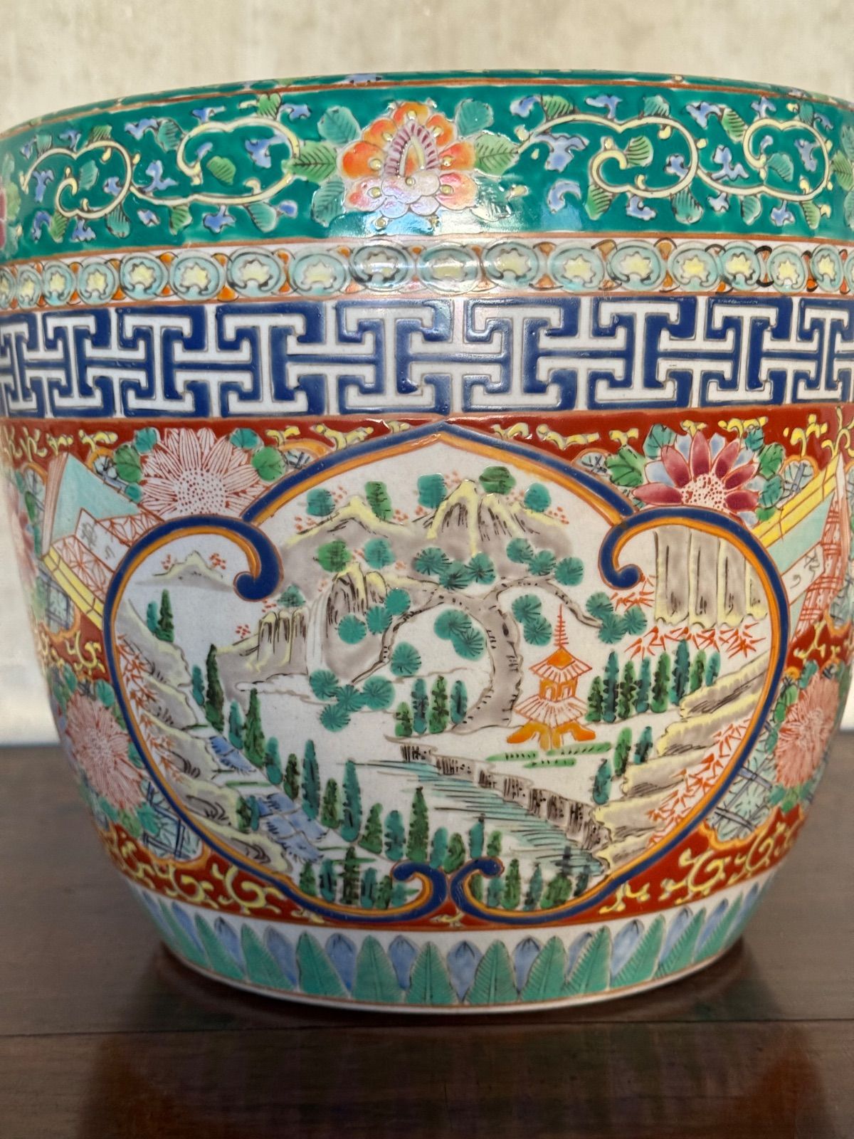 大正期 有田焼 十錦手火鉢 手焙り 窓絵楼閣山水菊和本画 プランターにも
