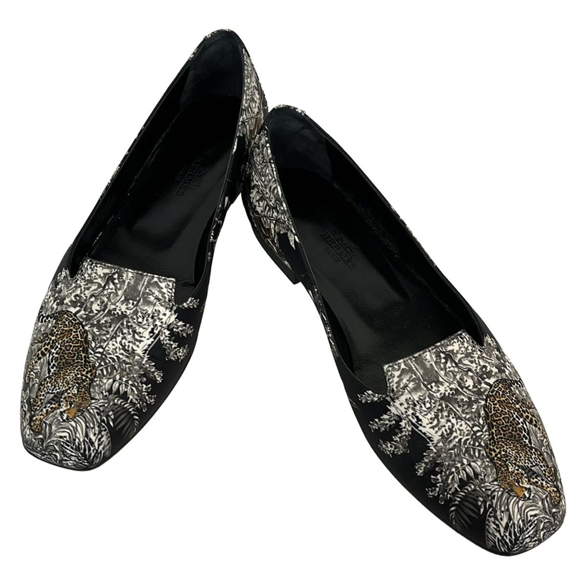 HERMES エルメス フラットシューズ 37 1 2 レディース - 黒×白×ダークイエロー