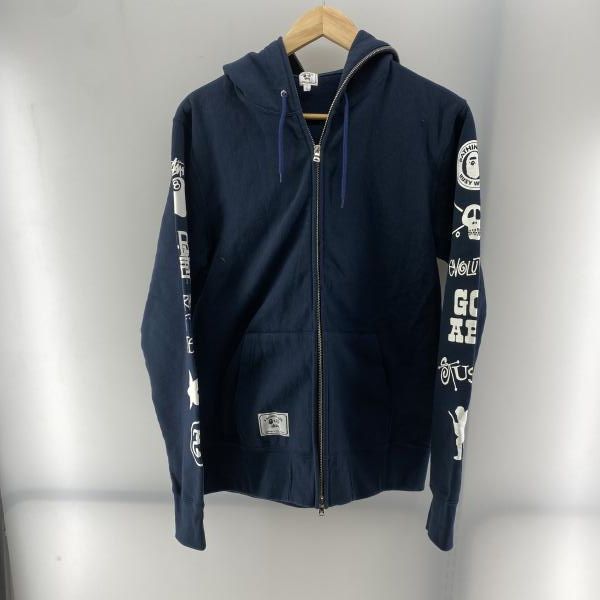 Stussy×A Bathing Ape 30周年記念 袖プリント ジップパーカー ネイビー size L ステューシー 24