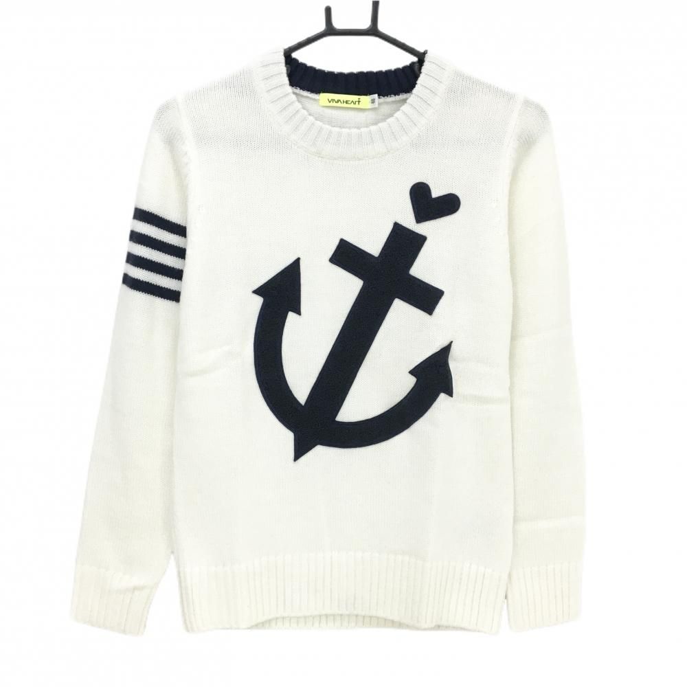 美品】ビバハート セーター 白×ダークネイビー イカリ ビッグロゴ