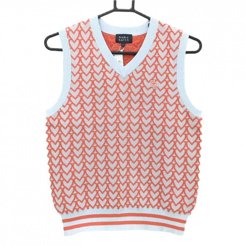 パーリーゲイツ ニットベスト ライトブルー×オレンジ ハート柄 コットン混 レディース 1 M ゴルフウェア PEARLY GATES