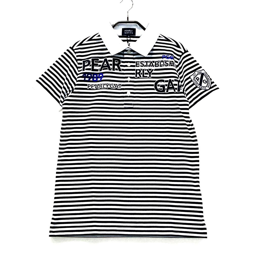 サイズ 3 PEARLY GATES パーリーゲイツ ロゴプリント 半袖ポロシャツ ボーダー柄 ブラック系 ゴルフウェア メンズ ストスト