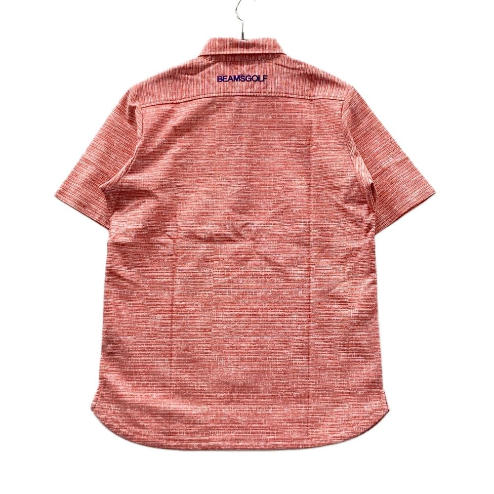サイズ S BEAMS GOLF ビームスゴルフ ワッペン付き 半袖ポロシャツ ボタンダウン 総柄 オレンジ系 ゴルフウェア メンズ ストスト