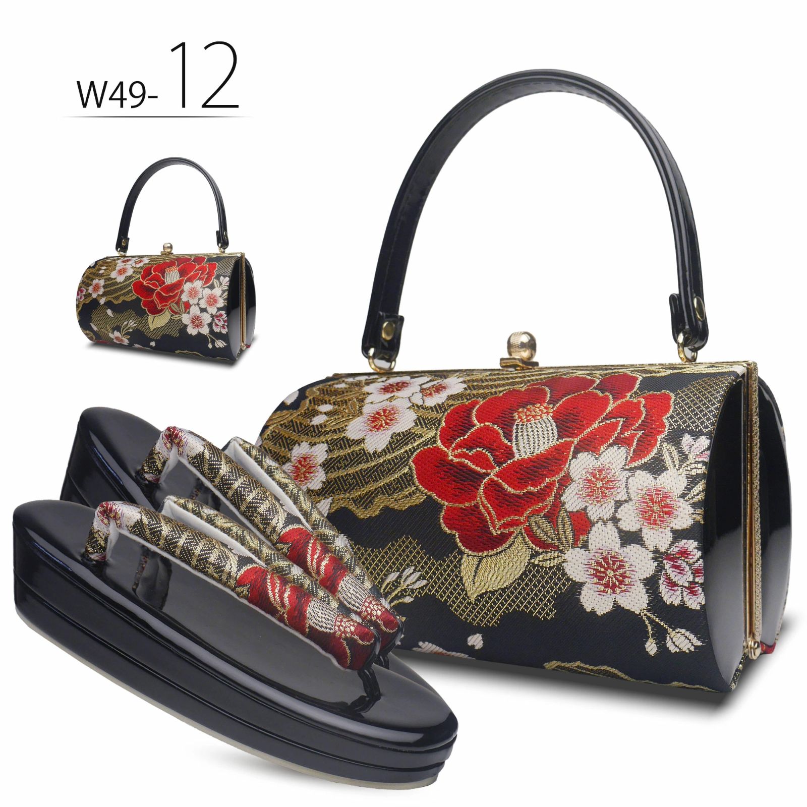 和装 草履バッグセット 振袖 帯地 黒 金 赤 フリーサイズ w 49 12