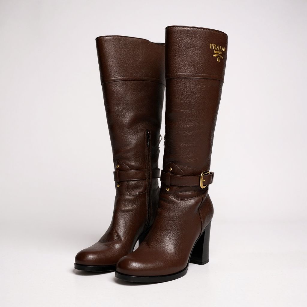 1 L 11 PRADA プラダ ロゴ入り ゴールド金具 チャンキーヒール サイドジップ ブーツ サイズ35 ブラウン レザー レディース 女性用 靴k 02 i