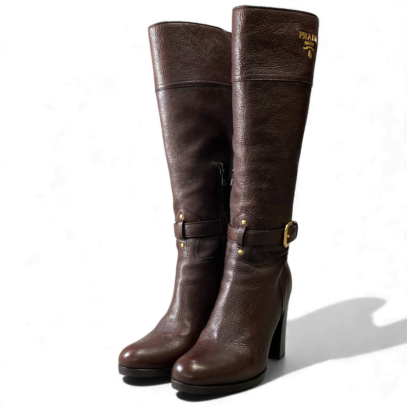 1 L 11 PRADA プラダ ロゴ入り ゴールド金具 チャンキーヒール サイドジップ ブーツ サイズ35 ブラウン レザー レディース 女性用 靴k 02 i