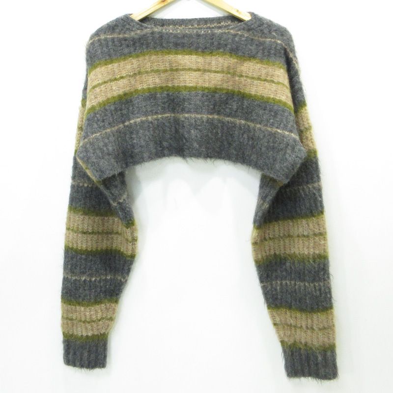 【三重本店】  PERVERZE | パーバーズ ショート丈モヘヤ混総柄長袖セーター ボーダー柄ニット 0120030522 グレー×ベージュ マルチカラー サイズ：FreeSize 【112】