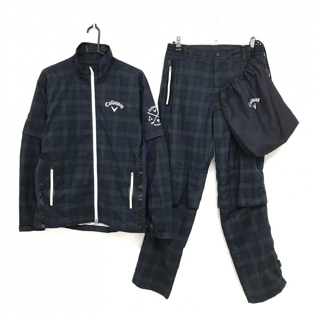 キャロウェイ レインウェア 2 WAYジャケット パンツ ネイビー グリーン チェック 袖着脱可 収納袋 メンズ L ゴルフウェア Callaway