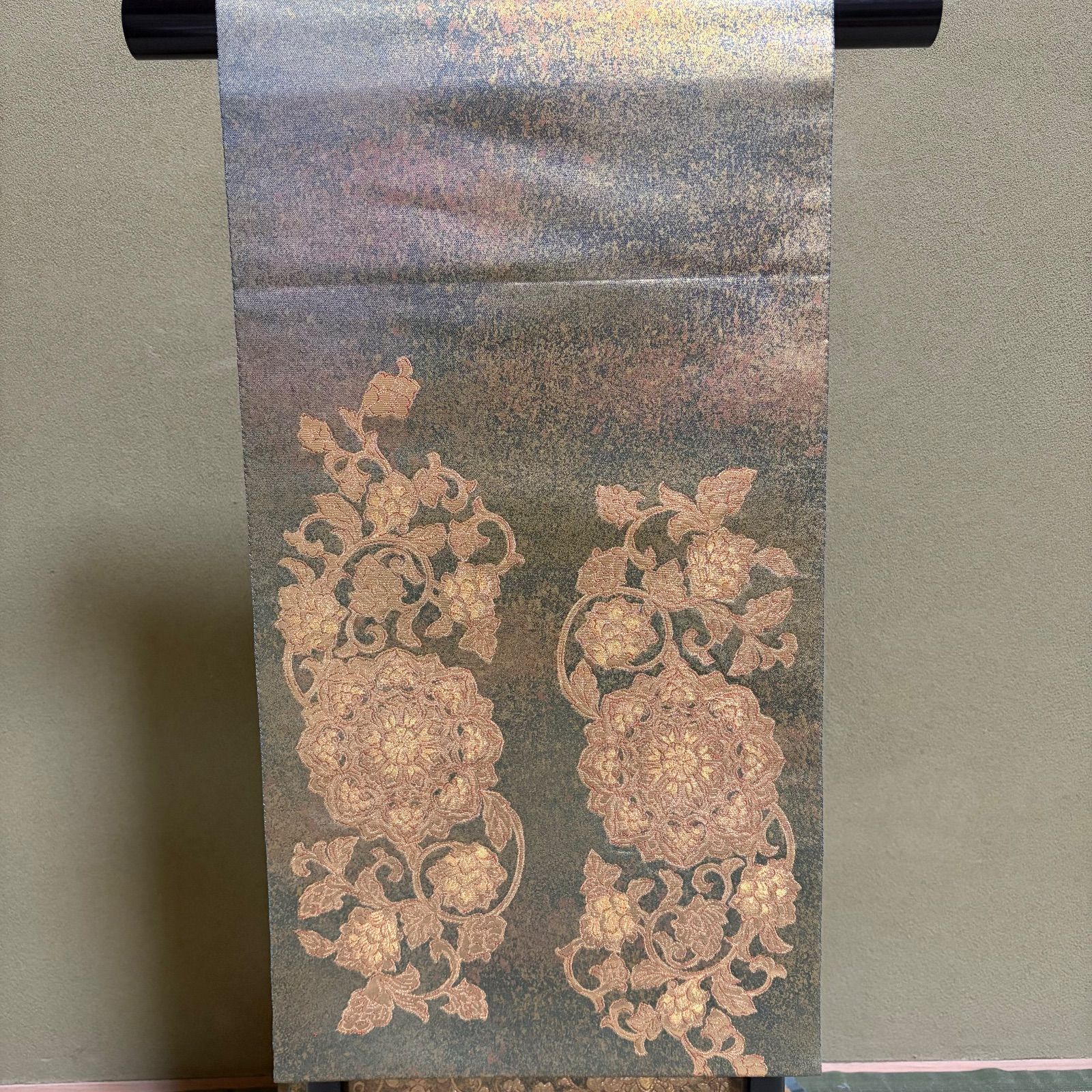  A 235 袋帯 グリーン ゴールド 花唐草 ダマスク 袋帯 帯