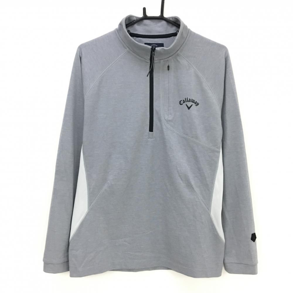 キャロウェイ 長袖ハイネックシャツ グレー ハーフジップ ロゴ黒 裏微起毛  メンズ L ゴルフウェア Callaway