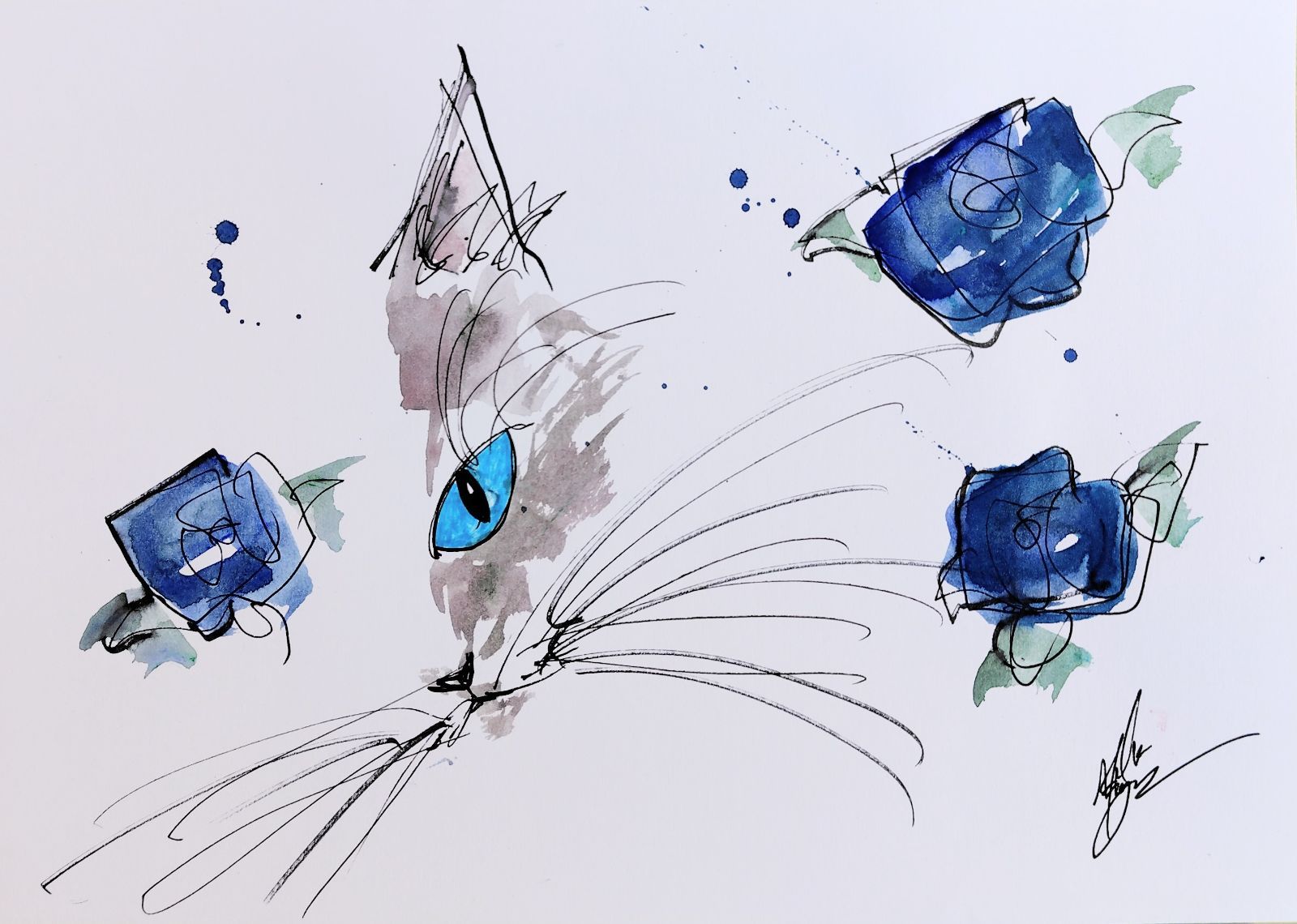 原画#15 猫 薔薇 青 花 水彩画 ドローイング アート インテリア