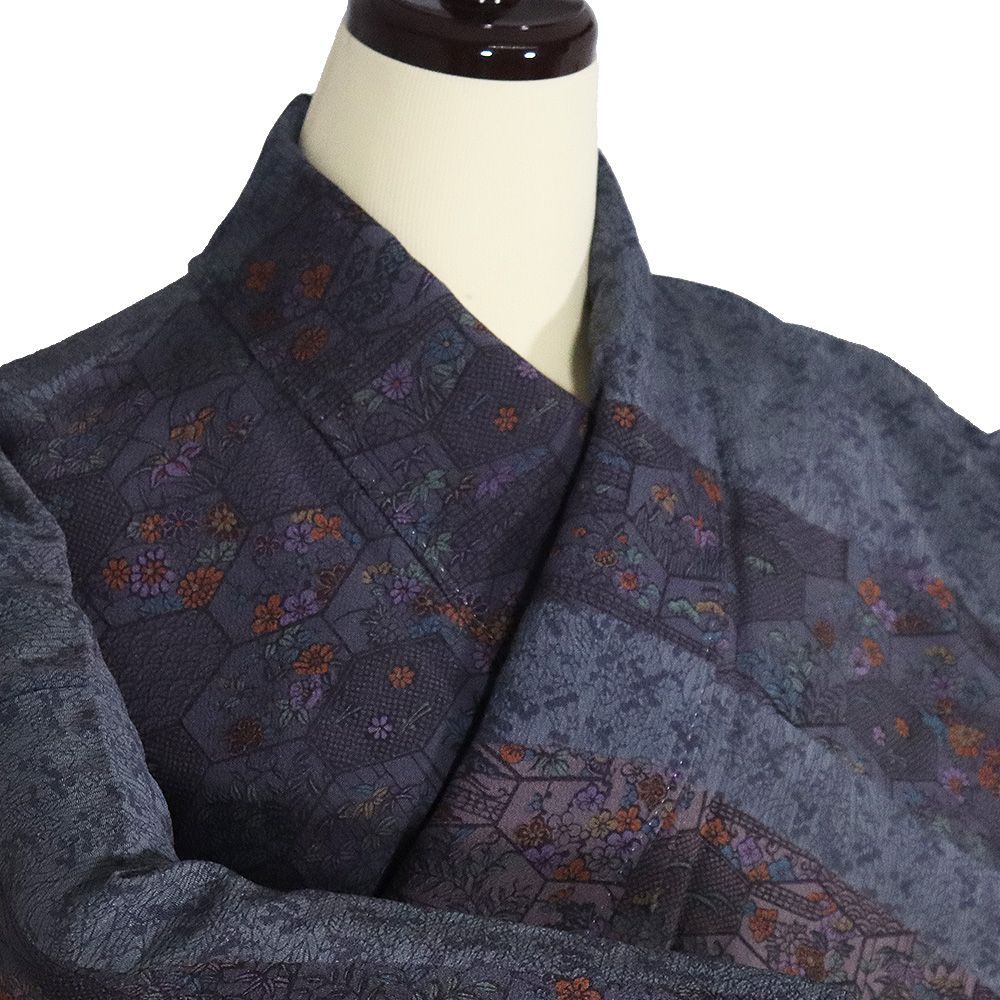 伝統工芸伊勢彫刻士 二代目南部幸雄氏作 縮緬訪問着 袷 正絹 グレー紫