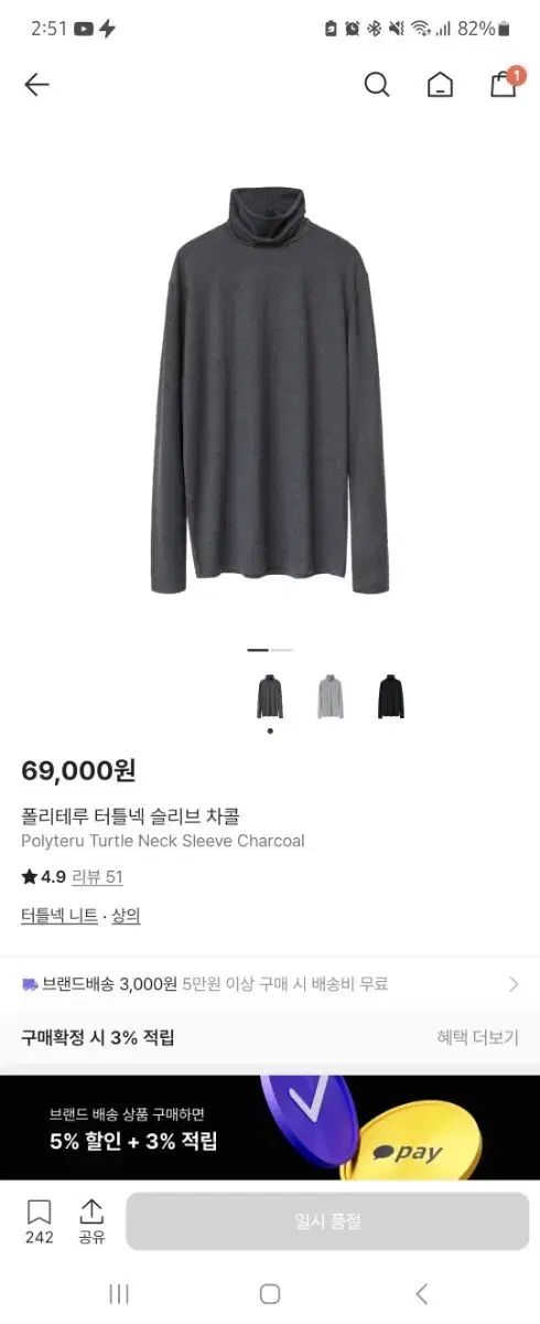 3 POLYTERU タートルネック スリーブ チャコール