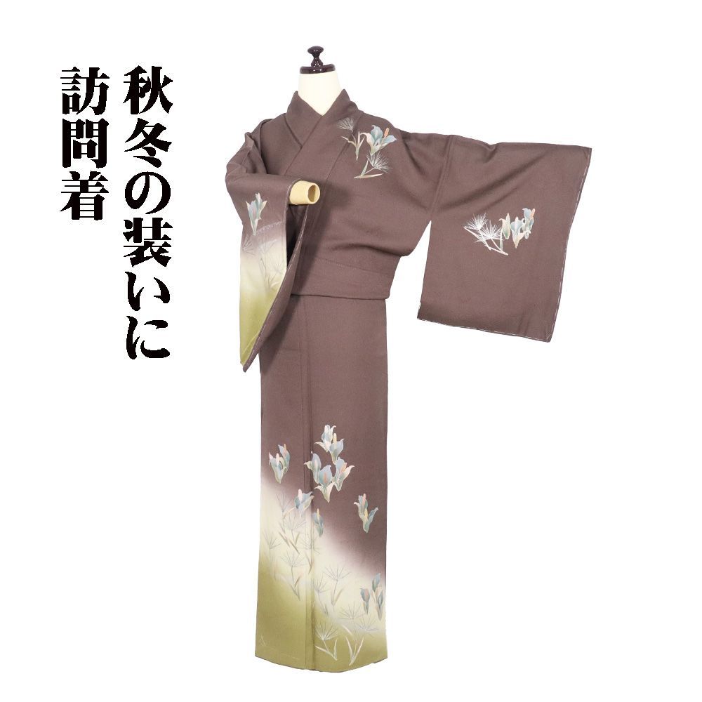 訪問着 袷 正絹 濃茶 ベージュ 抹茶色 暈し 水芭蕉 Mサイズ ki31423 未 