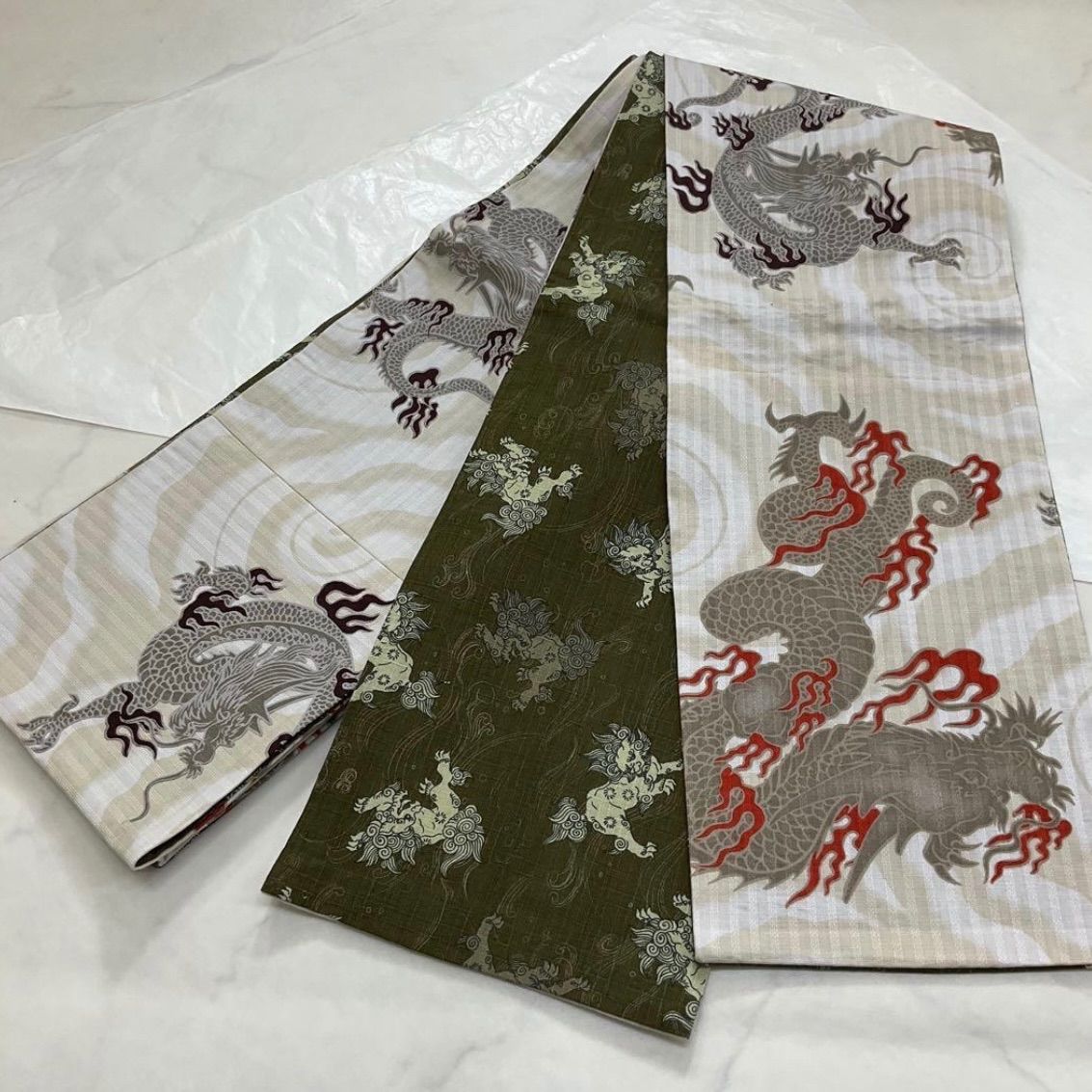 ●kimono one●kimonoarisa●♥同然●センスの良い半幅帯●龍と唐獅子模様●長尺●リバーシブル●半幅帯半巾帯小袋帯●435㎝●