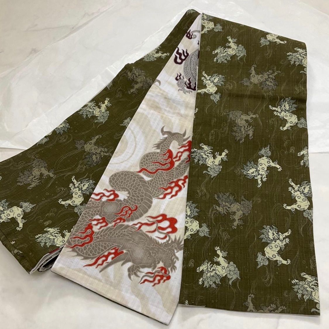 ●kimono one●kimonoarisa●♥同然●センスの良い半幅帯●龍と唐獅子模様●長尺●リバーシブル●半幅帯半巾帯小袋帯●435㎝●