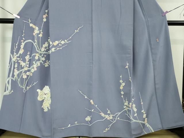 平和屋本店●極上　加賀友禅の巨匠　初代　由水十久　色留袖　童子　お面　枝梅　藤納戸色地　逸品　DZAA3821kh6 平和屋本店○極上 加賀友禅の巨匠 初代 由水十久 色留袖 童子 お面 枝