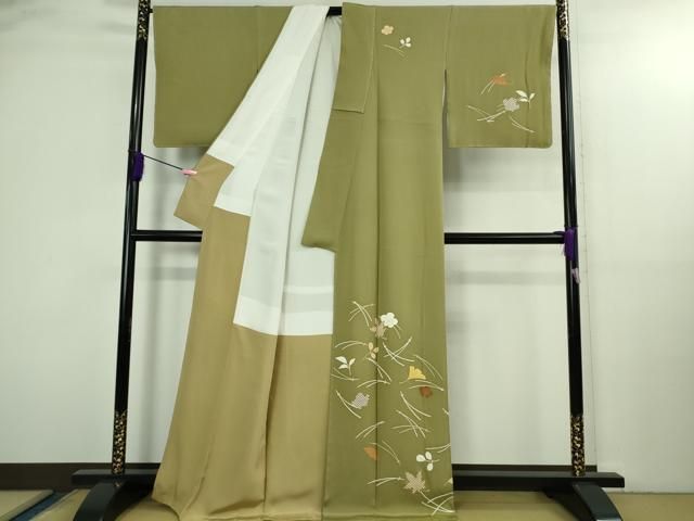 平和屋本店○極上 銀座 志ま亀 訪問着 吹寄せ文 黄海松茶色地 金彩 た