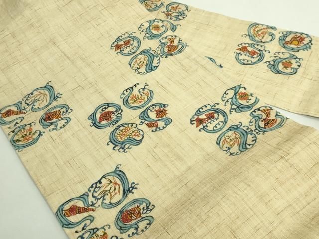 上 夏物 型絵染作家 小島悳次郎 九寸名古屋帯 立波に貝 麻 kh 6