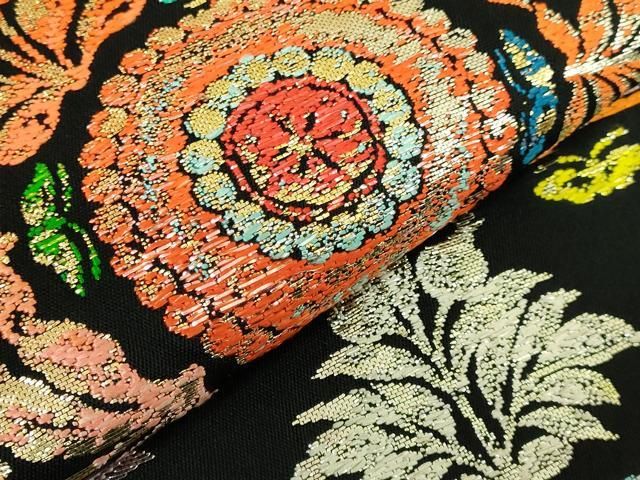 平和屋本店○最高級 龍村平蔵製 太鼓柄 本袋帯 賓草図文 黒地 金銀糸