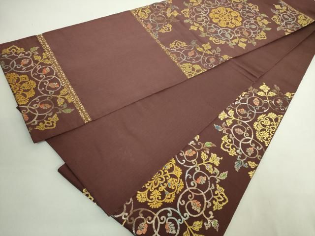 平和屋本店○最高級 龍村平蔵製 太鼓柄 本袋帯 御物平脱錦 赤褐色地 金