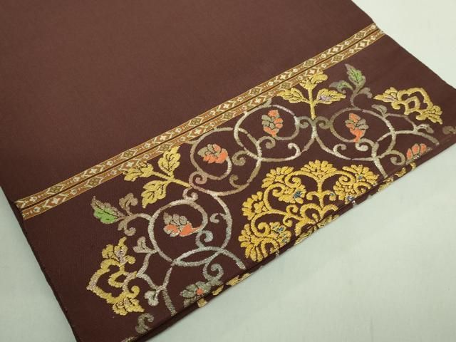 平和屋本店○最高級 龍村平蔵製 太鼓柄 本袋帯 御物平脱錦 赤褐色地 金