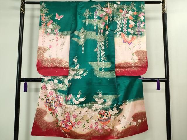 上 七五三 女の子 7歳 祝着 襦袢 単衣 半衿刺繍 袋帯 3点セット 舞蝶毬文 金彩 kh 6