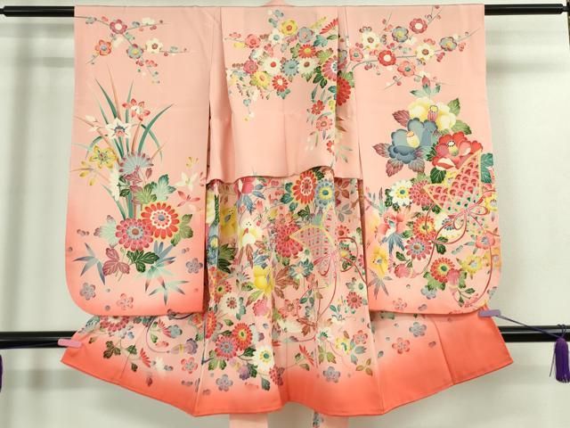 上 七五三 女の子 3歳 祝着 襦袢 単衣 半衿刺繍 セット 友禅 吉祥花文 暈し染め kh 6