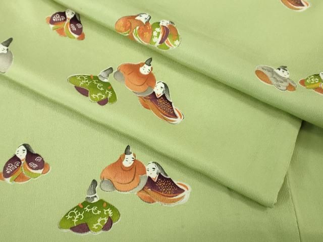 平和屋本店○極上 銀座 志ま亀 小紋 平安人物 鬼しぼ縮緬 裏葉柳色地