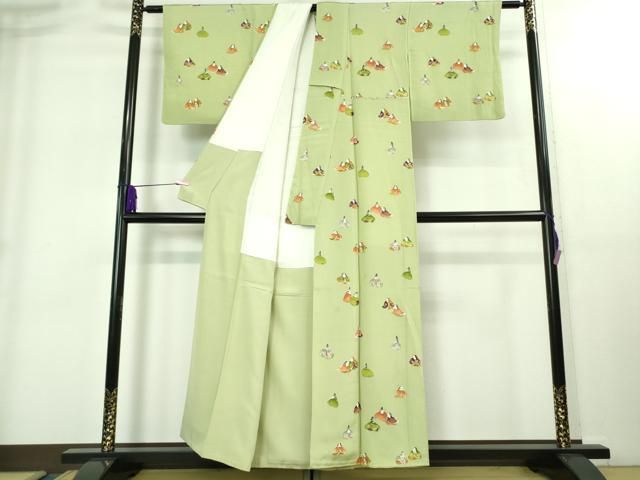 平和屋本店○極上 銀座 志ま亀 小紋 平安人物 鬼しぼ縮緬 裏葉柳色地