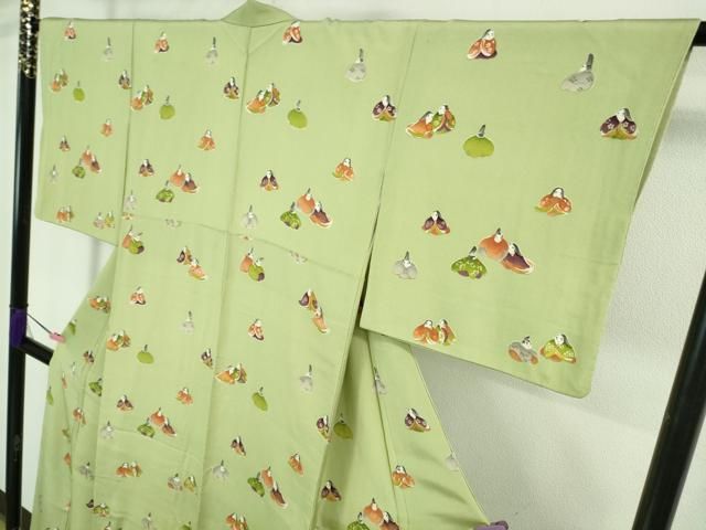 平和屋本店●極上　銀座　志ま亀　小紋　平安人物　鬼しぼ縮緬　裏葉柳色地　たとう紙付き　逸品　DZAB1908kh6 平和屋本店○極上 銀座 志ま亀 小紋 平安人物 鬼しぼ縮緬 裏葉柳色地