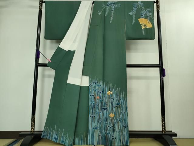 平和屋本店●極上　人間国宝　五代　田畑喜八　訪問着　駒刺繍　杜若　青碧色地　金彩　逸品　DZAB1970kh6 平和屋本店○極上 人間国宝 五代 田畑喜八 訪問着 駒刺繍 杜若 青碧色