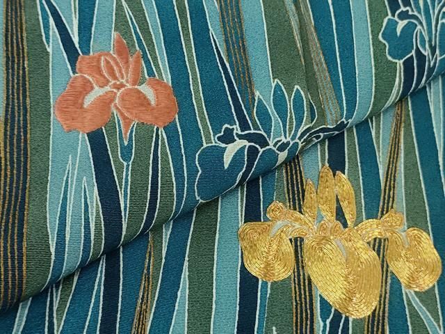 平和屋本店●極上　人間国宝　五代　田畑喜八　訪問着　駒刺繍　杜若　青碧色地　金彩　逸品　DZAB1970kh6 平和屋本店○極上 人間国宝 五代 田畑喜八 訪問着 駒刺繍 杜若 青碧色