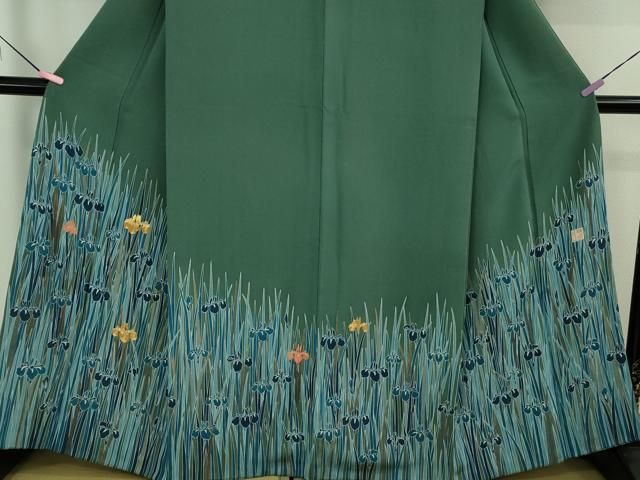 平和屋本店○極上 人間国宝 五代 田畑喜八 訪問着 駒刺繍 杜若 青碧色