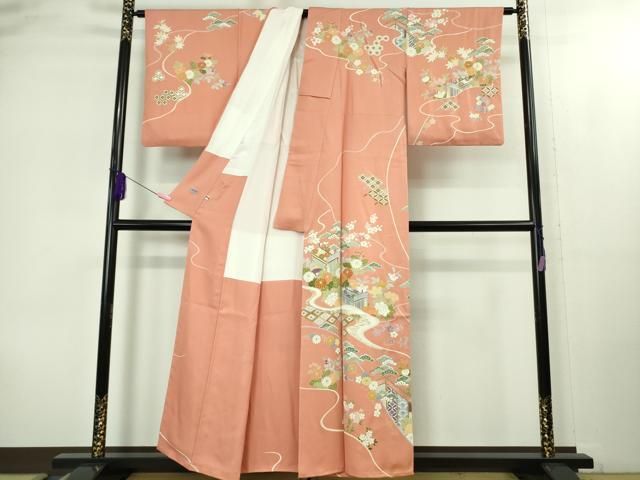 平和屋本店○極上 創業460年・千總 訪問着 駒刺繍 御所車吉祥花文 東雲