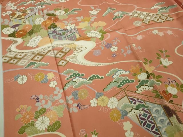平和屋本店○極上 創業460年・千總 訪問着 駒刺繍 御所車吉祥花文 東雲