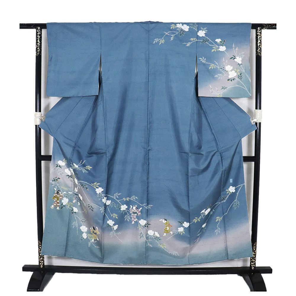 紬 訪問着 袷 正絹 グリーン ピンク 緑 暈し 童 桜 Sサイズ ki31428 美