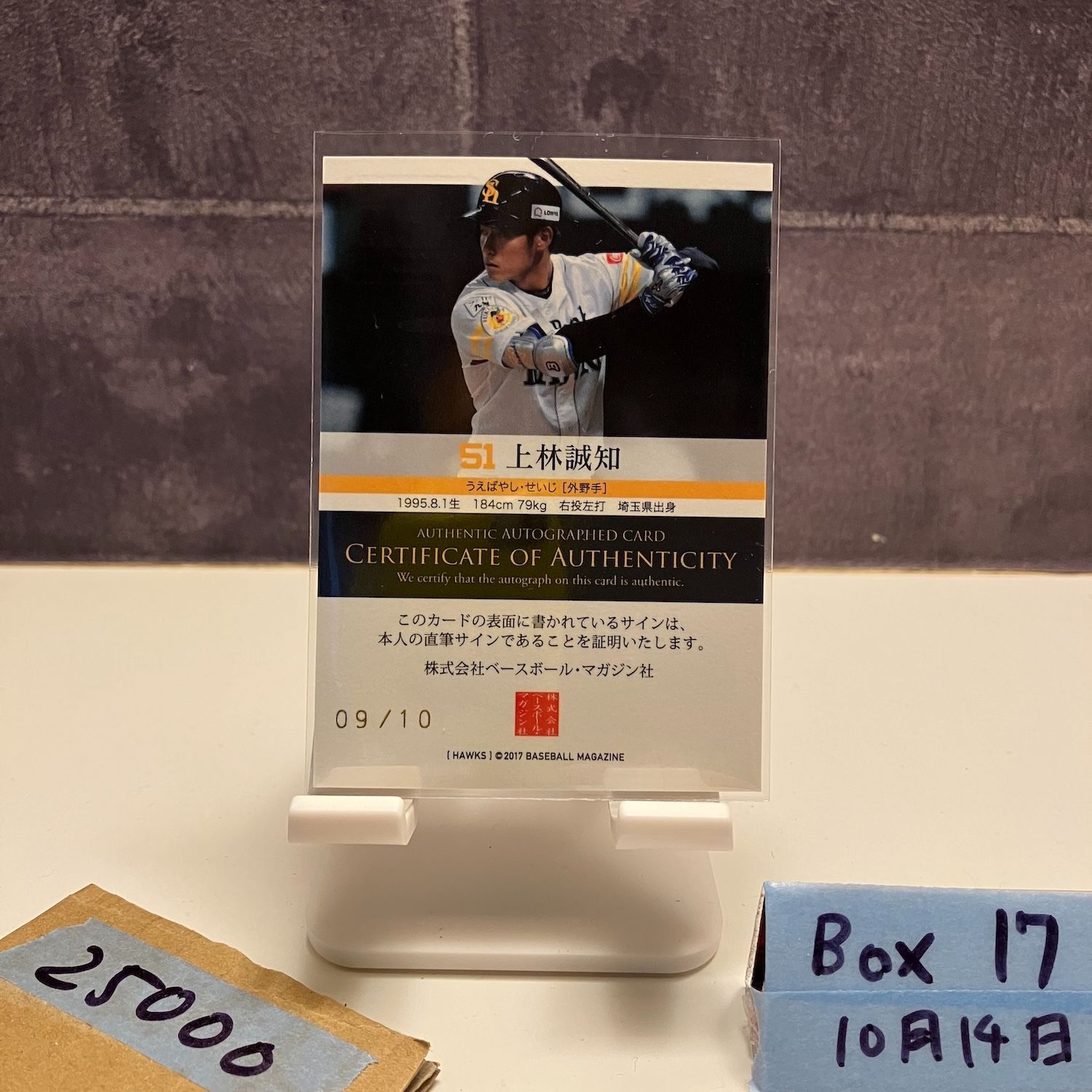 2017 BBM 上林誠知 09 10 直筆サインカード 福岡ソフトバンクホークス カード